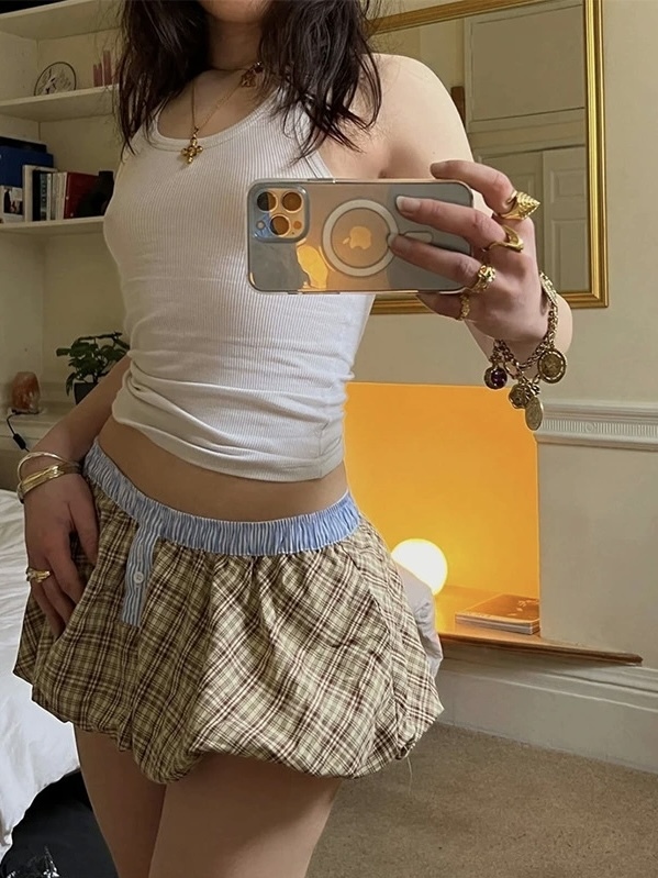 Clashing Color Elastic Waist Bubble Shorts Skirt-Blackpink Jennie