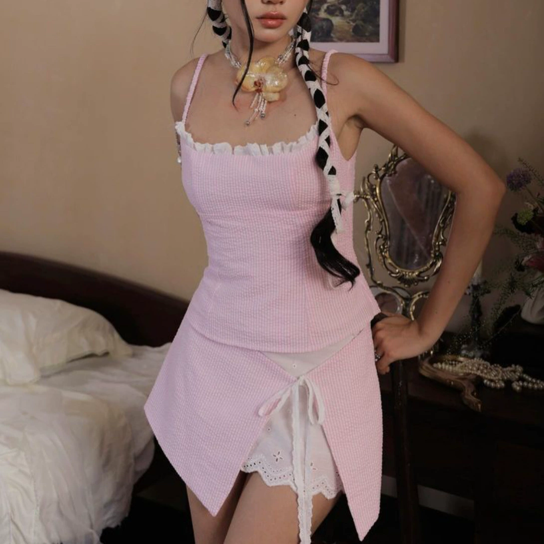 Lace Striped Slim Camisole Short Skirt Set-Outfitidea For Blinks BLACKPINK-Inspired Fashion