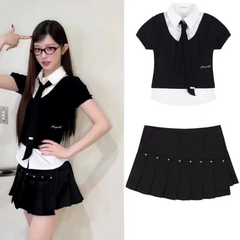 illit Minju Inspired Pseudo two-piece Top Pleated Skirt Set