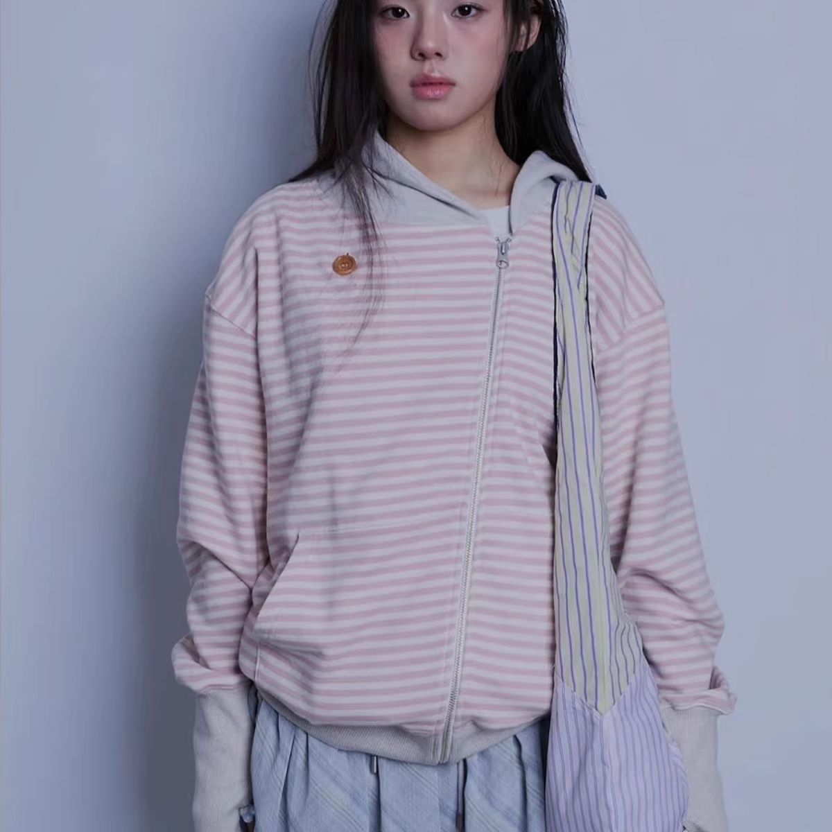 ILLIT Moka Inspired Asymmetric Zip Striped Hooded Sweatshirt Jacket