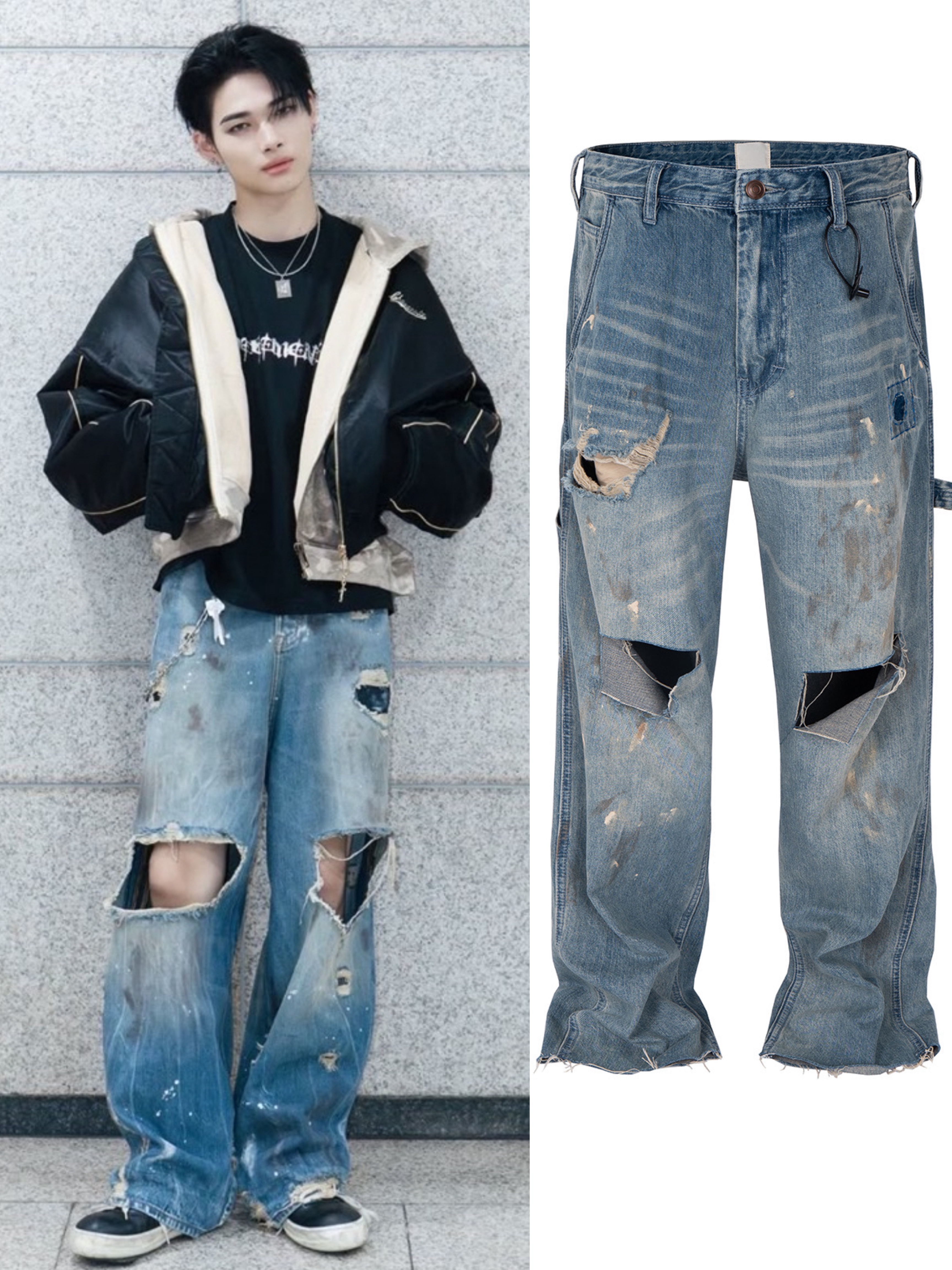 ENHYPEN NIKI  inspired Destroyed  Washed White Patchwork Spray Paint Blue Denim Jeans pants-NI-KI