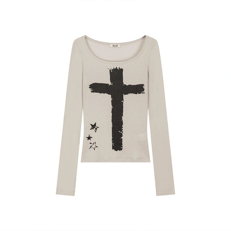 Fitted Long Sleeve Crew Neck T-shirt with Cross Print-Aespa Karina