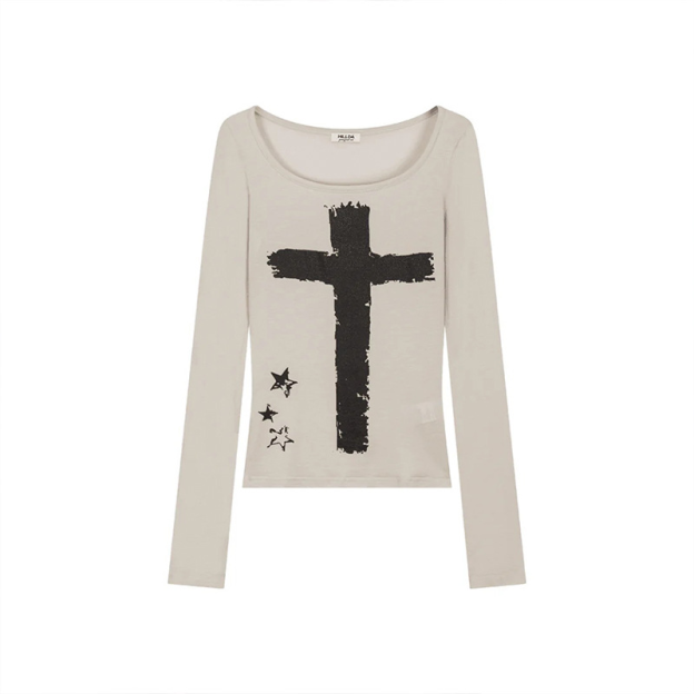 Fitted Long Sleeve Crew Neck T-shirt with Cross Print-Aespa Karina