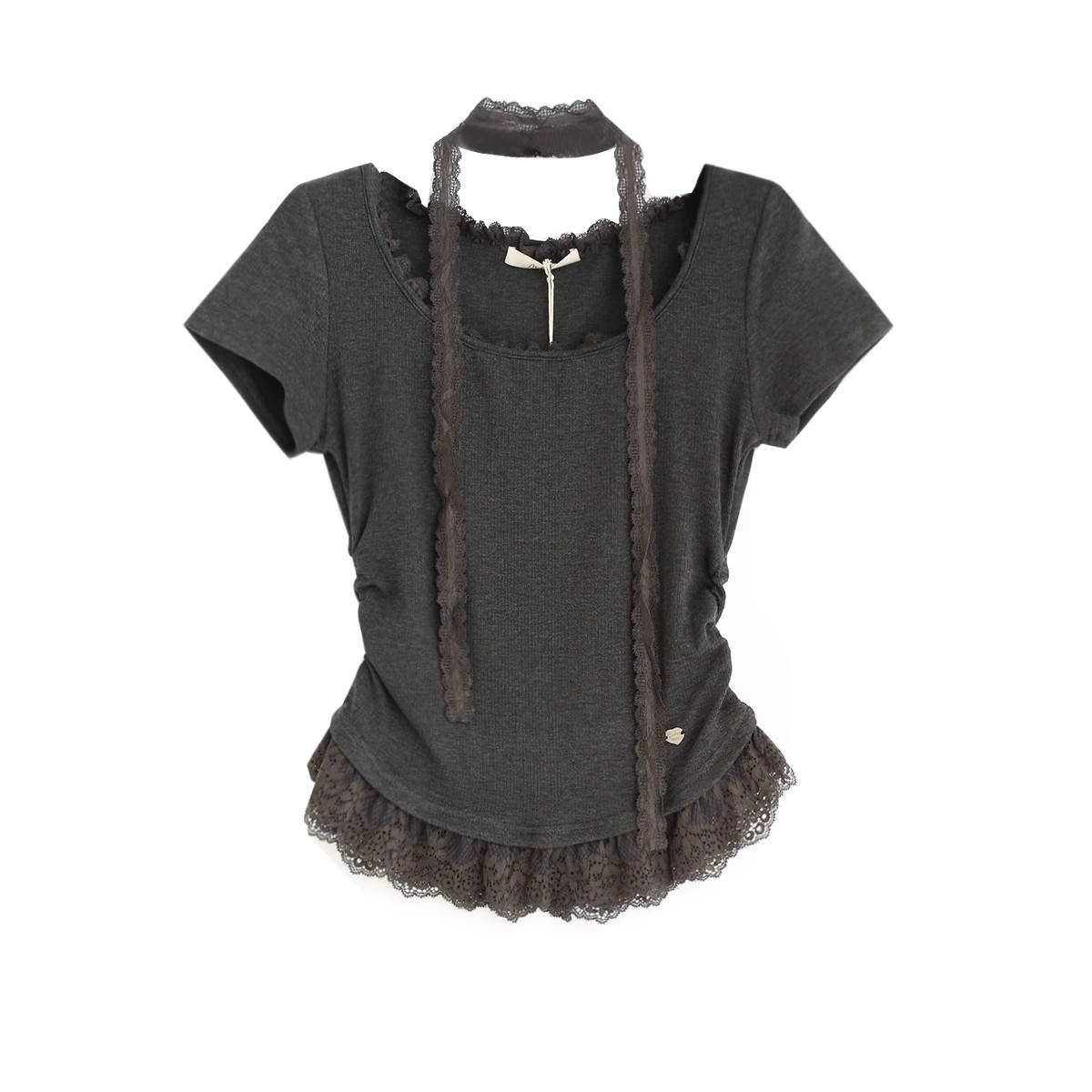 Gidle Shuhua Lace Edged Ruffled Ribbon Top