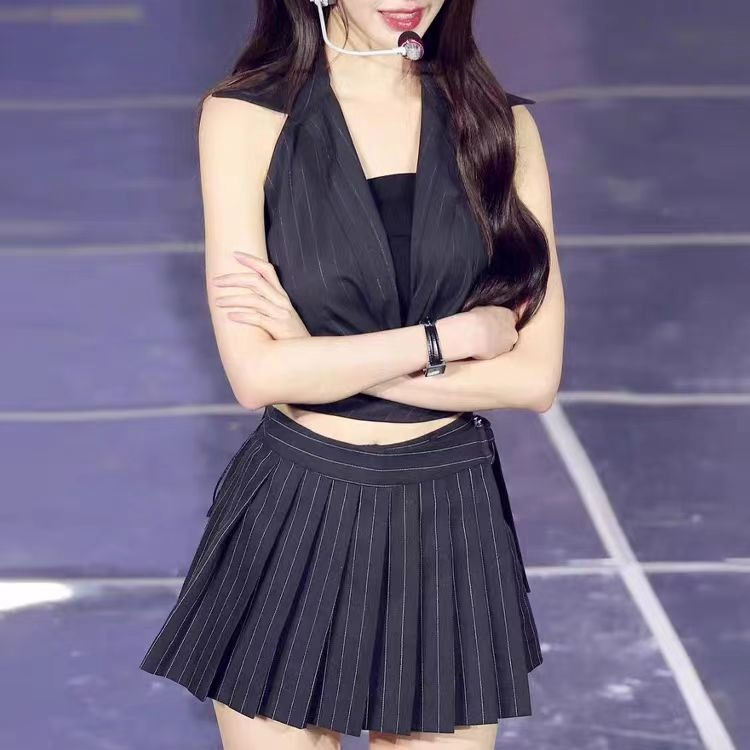 Suit Striped Lapel Hanging Neck Vest Short Skirt Set-IVE Wonyoung