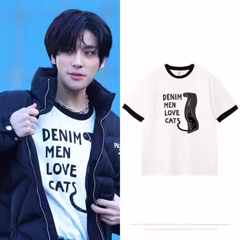 Jake&DK&Minji Inspired Denim Men Love Cats Graphic Ringer Tee-Enhypen Seventeen Newjeans