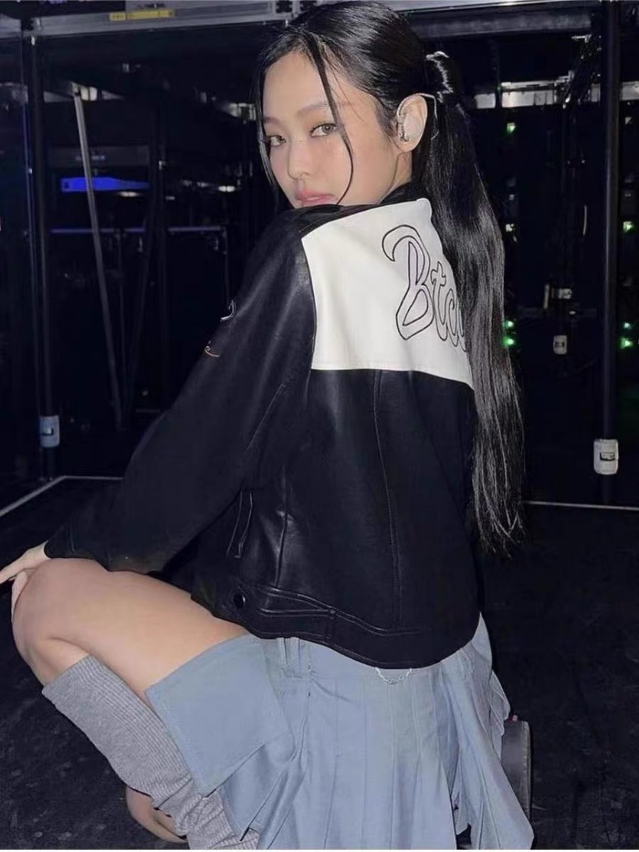Blackpink Jennie & Aespa Giselle Inspired Black Patchwork Leather Jacket