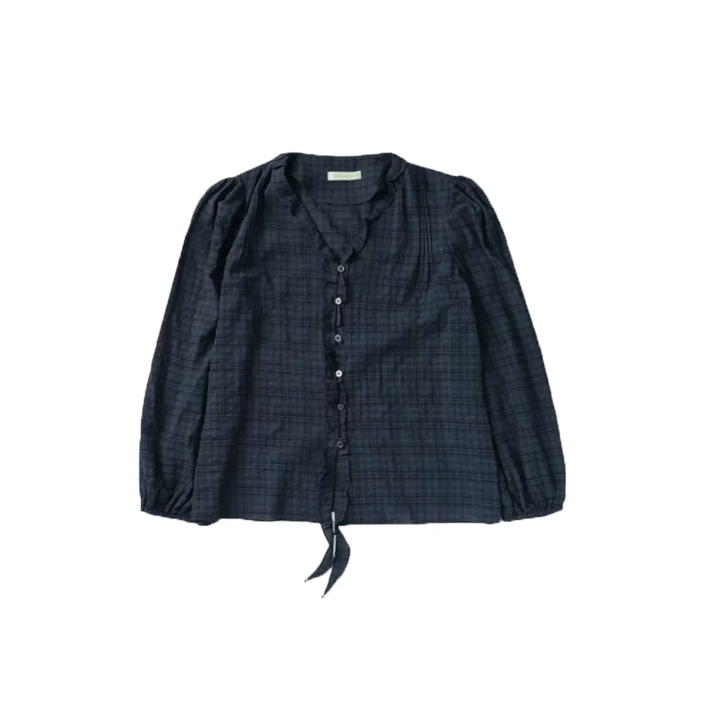 ITZY Yuna Inspired Plaid Ruffle V‑Neck Puff Sleeve Shirt