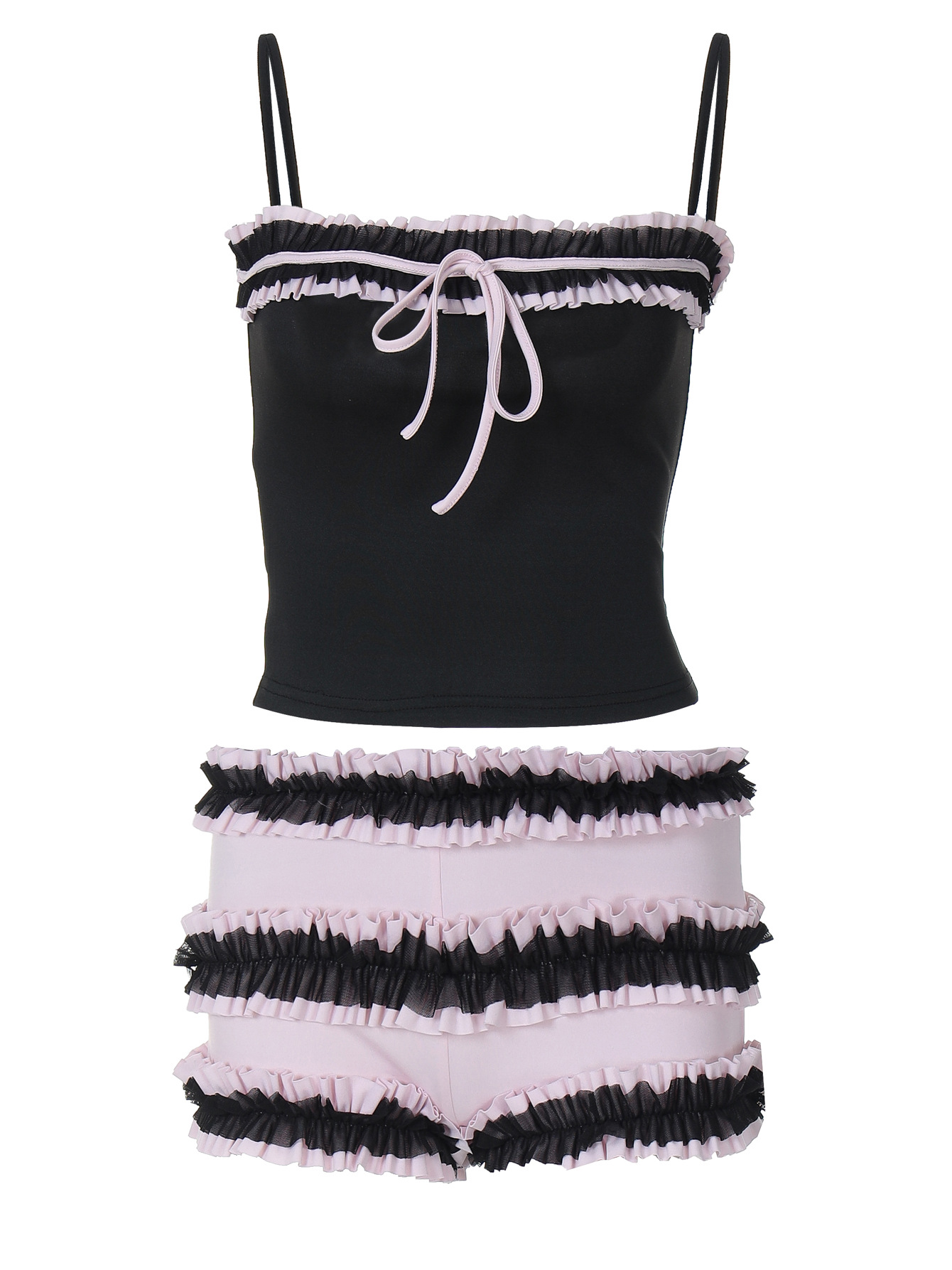 Lace Bow Slimming Camisole Shorts Set-Outfitidea For Blinks BLACKPINK-Inspired Fashion