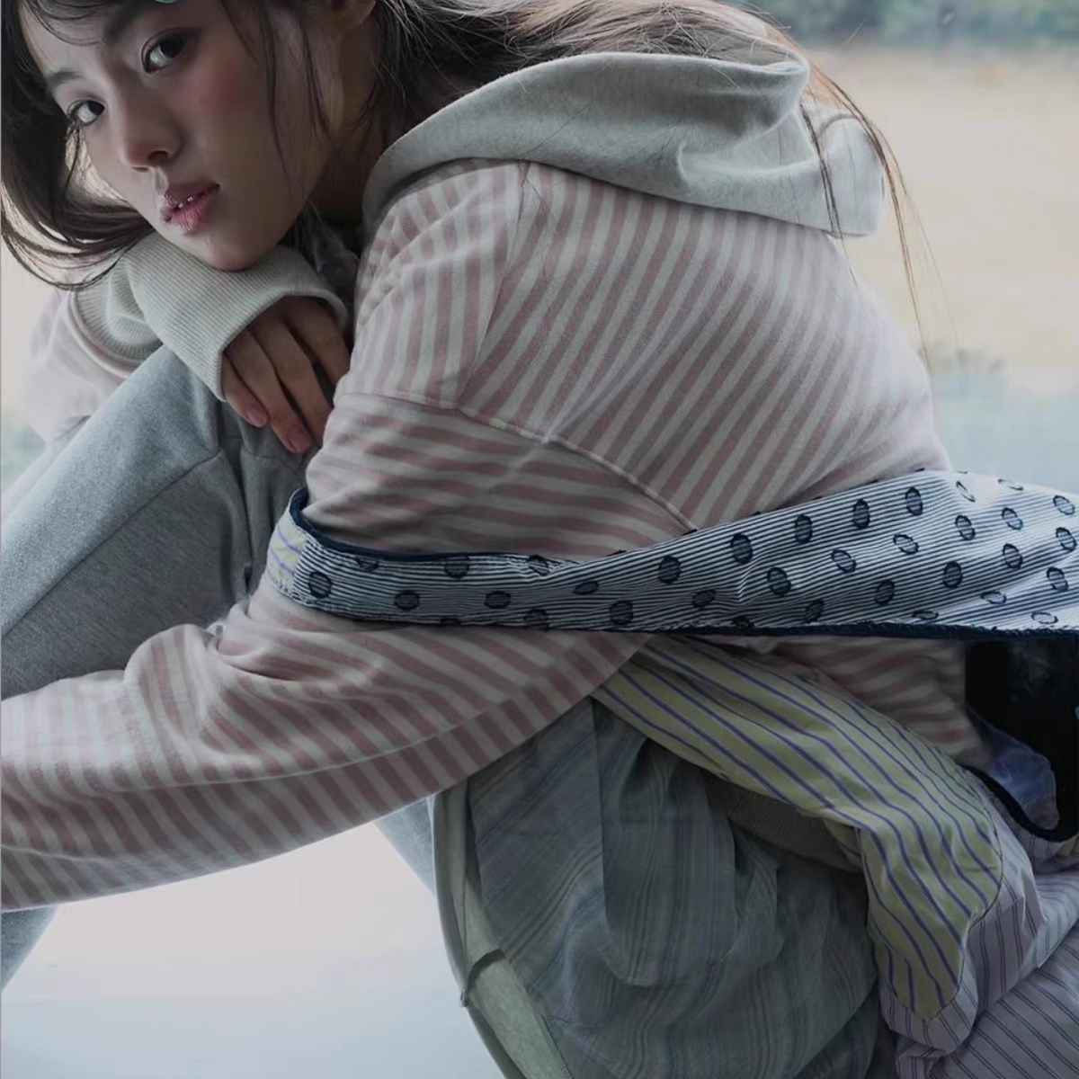 ILLIT Moka Inspired Asymmetric Zip Striped Hooded Sweatshirt Jacket