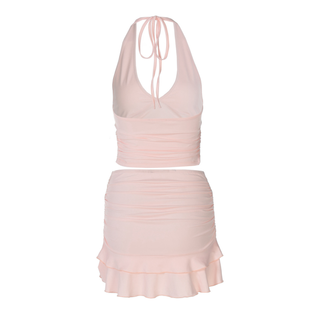 Solid Color V-Neck Hanging Vest Tight Top Skirt Set-Outfitidea For Blinks BLACKPINK-Inspired Fashion