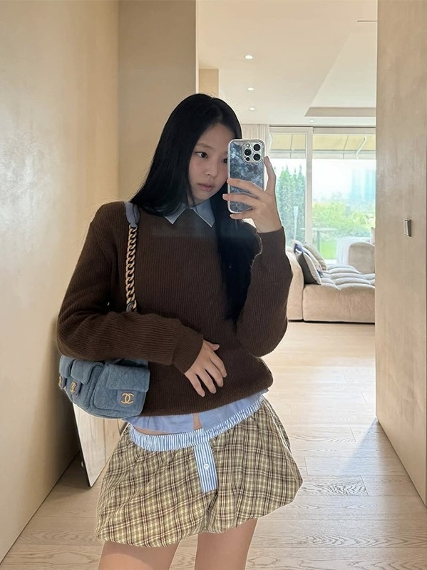 Clashing Color Elastic Waist Bubble Shorts Skirt-Blackpink Jennie