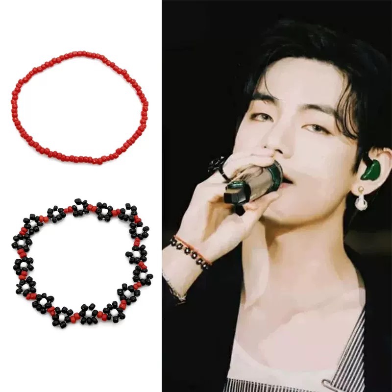 BTS V (Kim Taehyung) Black Chrysanthemum Red Bead Bracelet Set