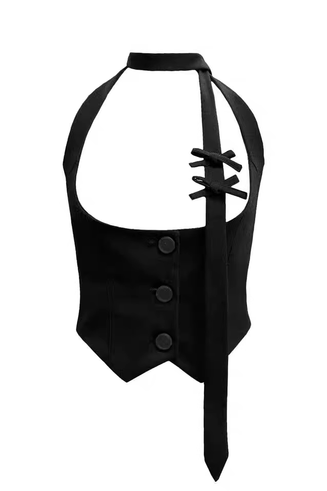 Asa Black Bow tied Halter Neck Vest- Babymonster Asa