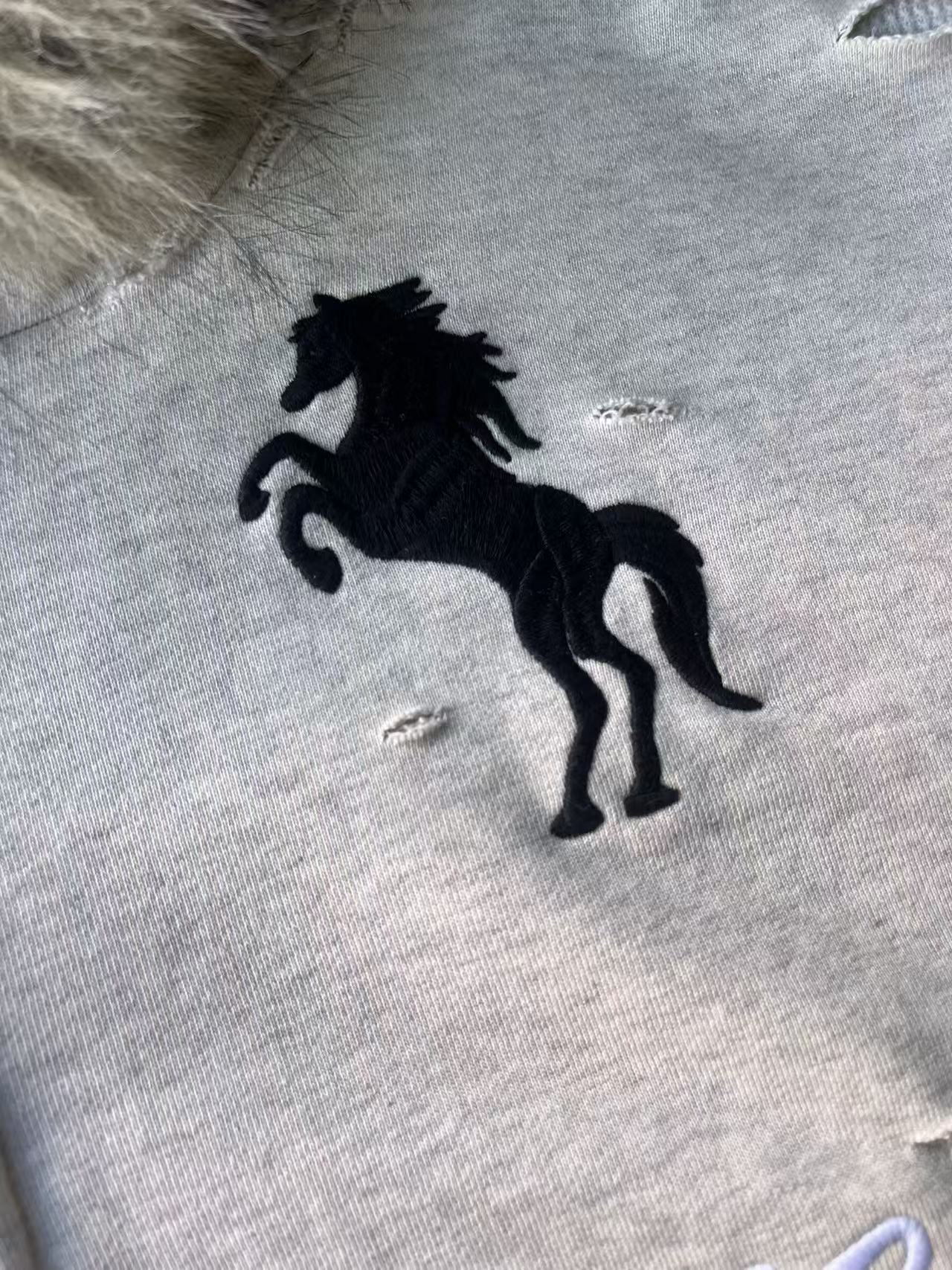 Aespa Ningning Inspired Fur Collar Horse Embroidered Zip-Up Hoodie