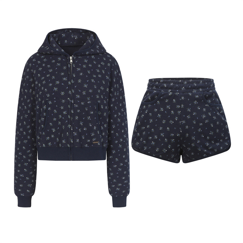 Twice Nayeon&Hearts2Hearts inspired Floral Waffle Hood Zip-up & Shorts Set