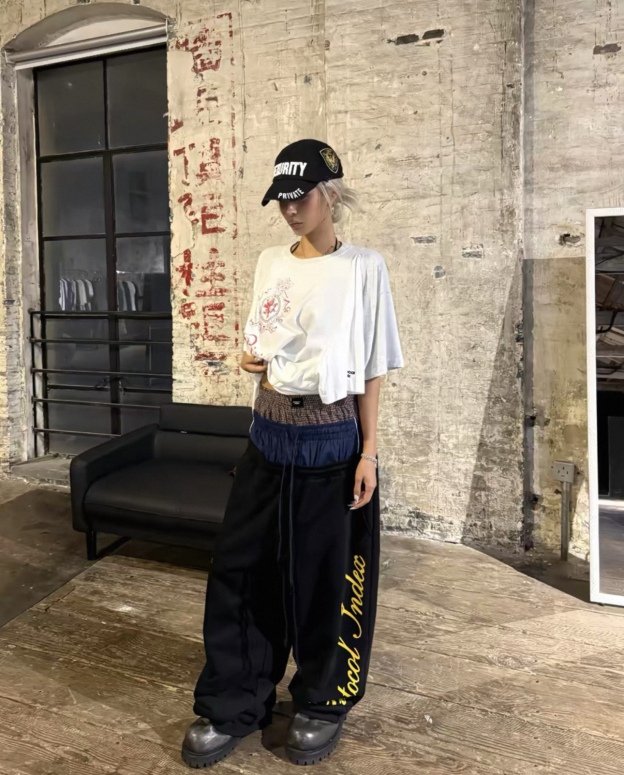 Cortis Keonho inspired protocol index Fake Three-Waist Loose-Fit Flag Embroidery Pants