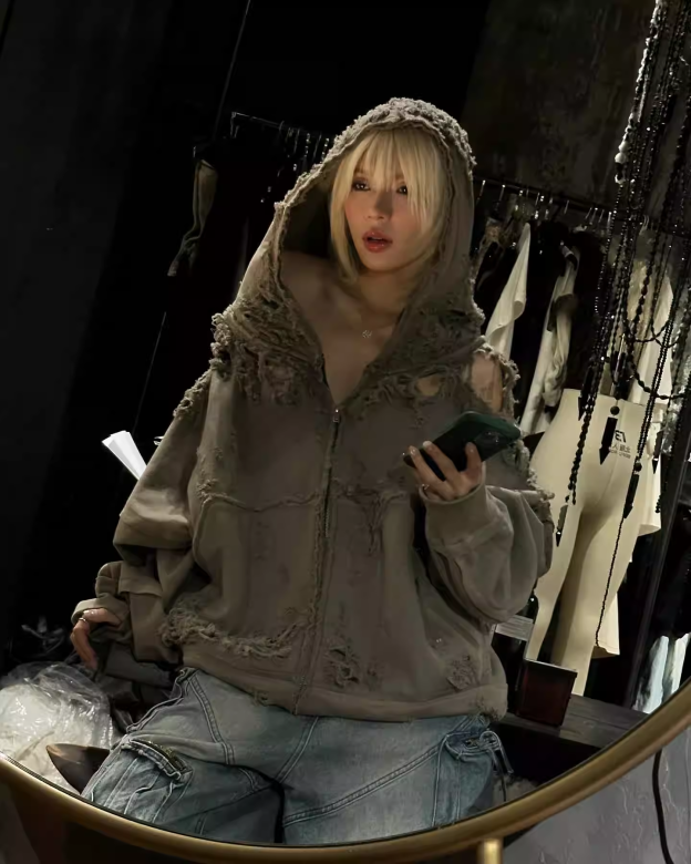 Blackpink Rose Inspired Heavy Distressed Destroyed Zip-Up Hoodie