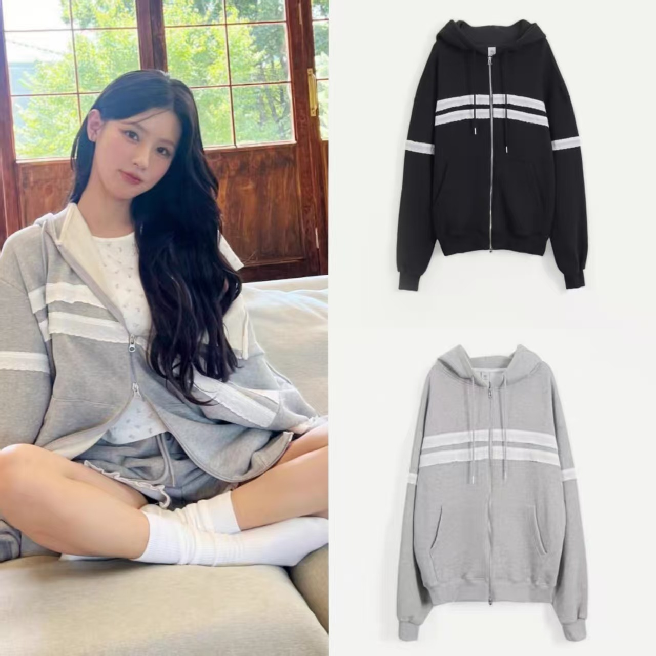 IVE Rei&I-DLE Miyeon Inspired Lace Trim Hooded Zip-Up Sweatshirt