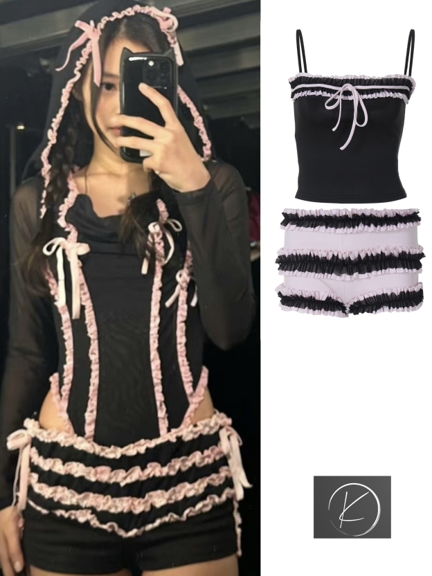 Lace Bow Camisole Shorts Set-Outfitidea For Blinks BLACKPINK-Inspired Fashion