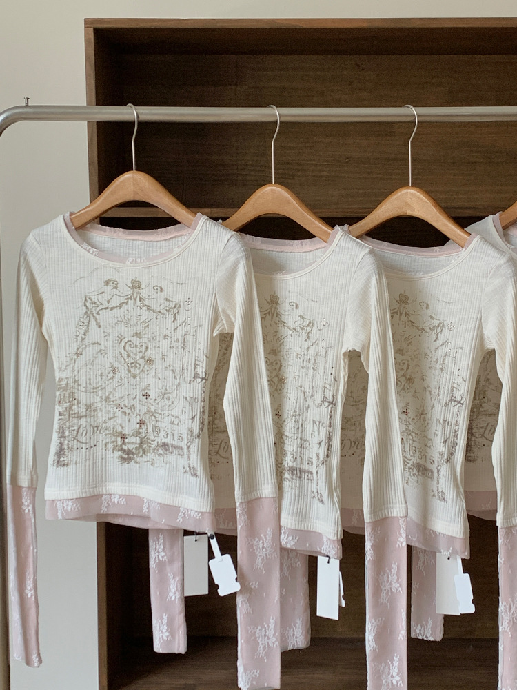 LE SSERAFIM Chaewon Inspired Lace Layered Angel Print Long Sleeve Top