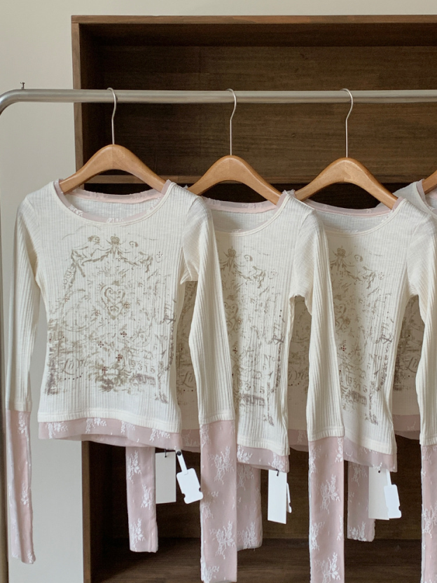 LE SSERAFIM Chaewon Inspired Lace Layered Angel Print Long Sleeve Top