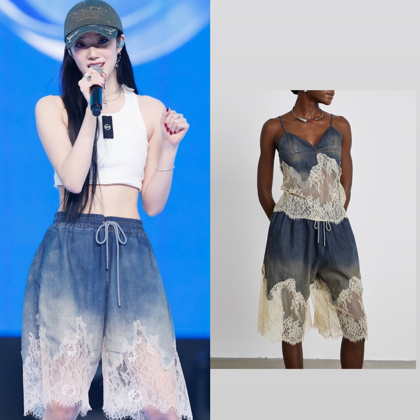  Le Sserafim Kazuha Lace Elegant Top Denim Shorts inspired Set