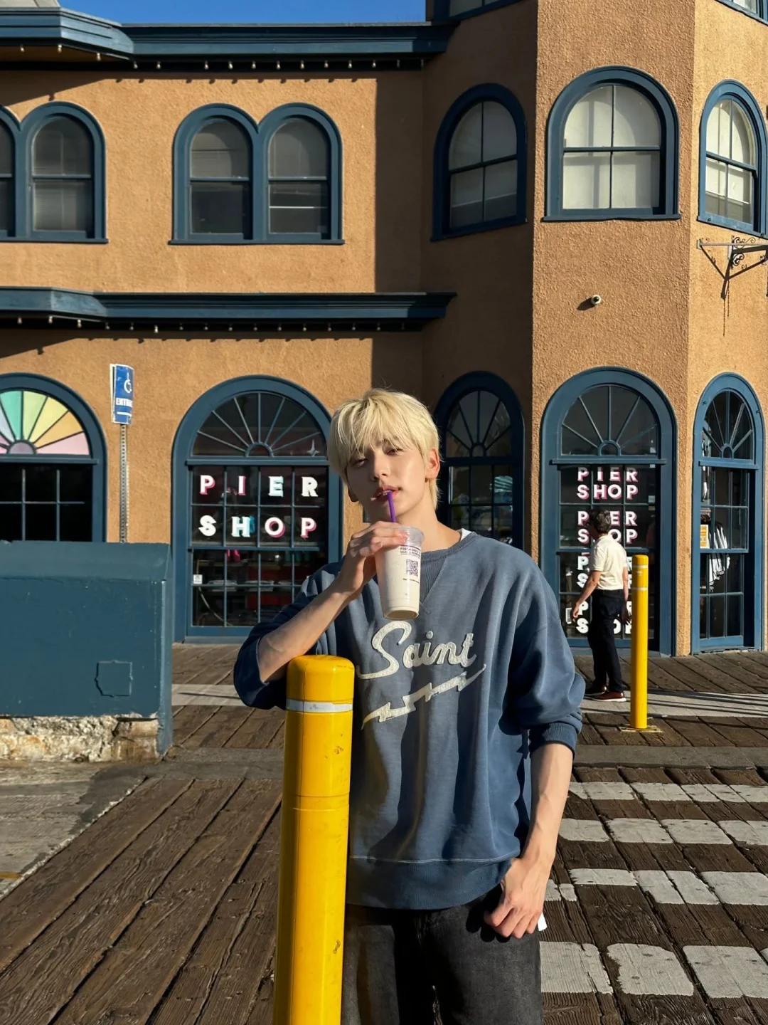 TXT Soobin Inspired Washed Blue Lightning Embroidered Sweatshirt