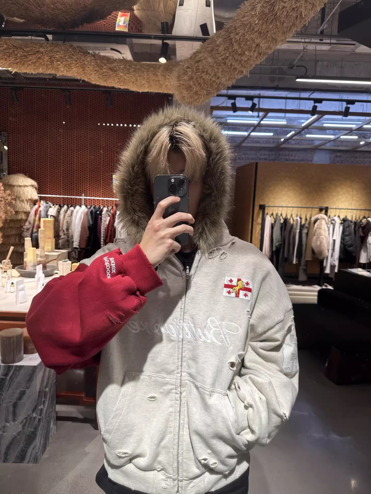 Aespa Ningning Inspired Fur Collar Horse Embroidered Zip-Up Hoodie