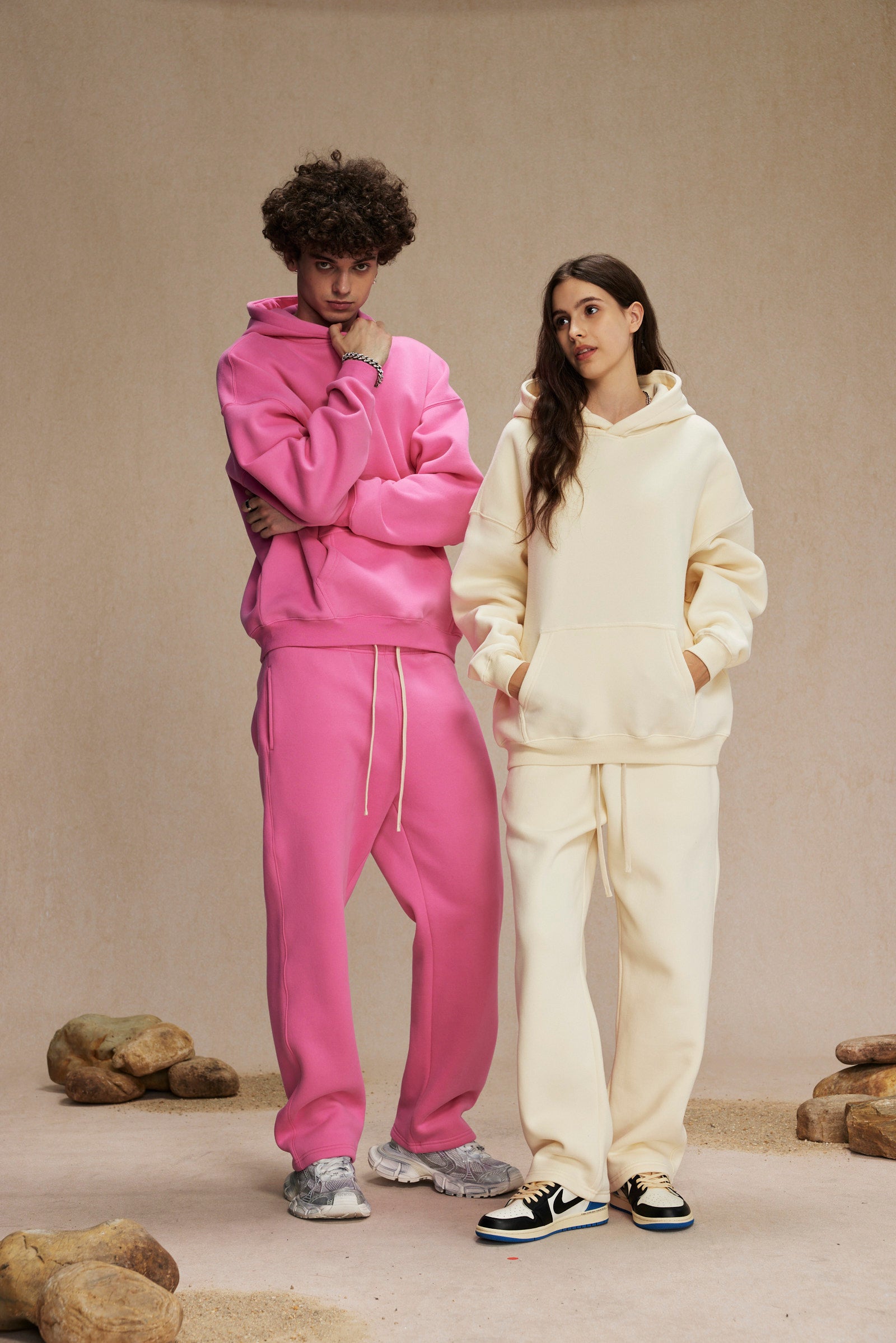 Cream&Pink-Oversized hoodie sets
