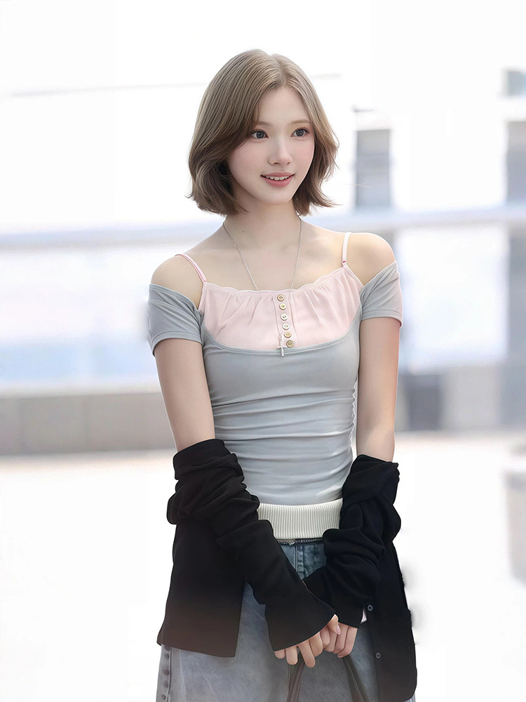 Hearts2hearts Jiwoo Inspired Two Tone Ruched Off Shoulder Tee