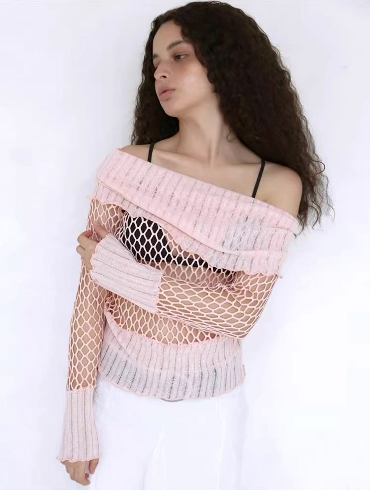 Pink Boat Neck Cutout Knit Sweater-Aespa Ningning