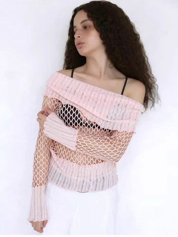 Pink Boat Neck Cutout Knit Sweater-Aespa Ningning