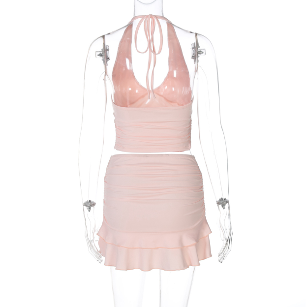 Solid Color V-Neck Hanging Vest Tight Top Skirt Set-Outfitidea For Blinks BLACKPINK-Inspired Fashion