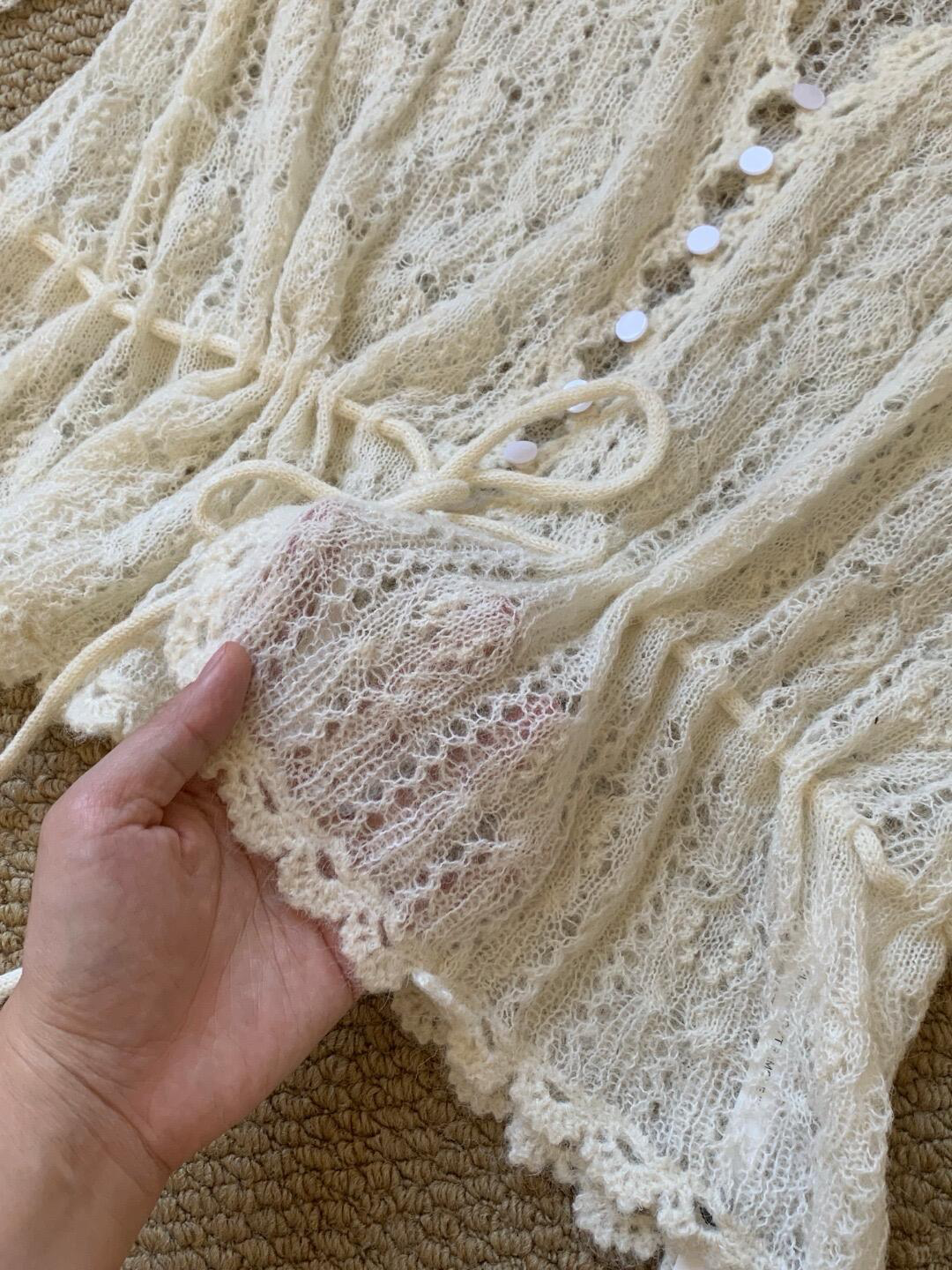 IVE Wonyoung Inspired Wool Hollow-Out Cardigan & Lace Top Set