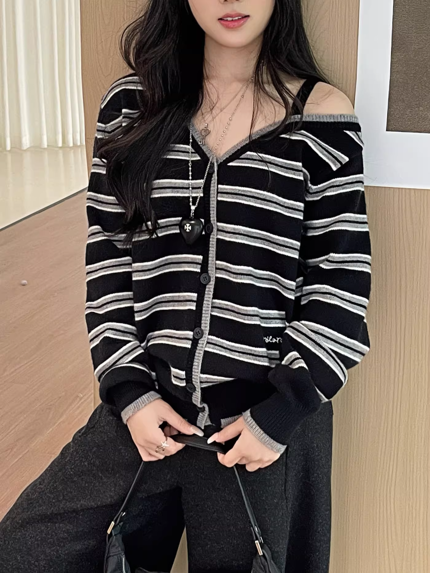 IVE Wonyoung Inspired One Off Shoulder Srtipe Cardigan