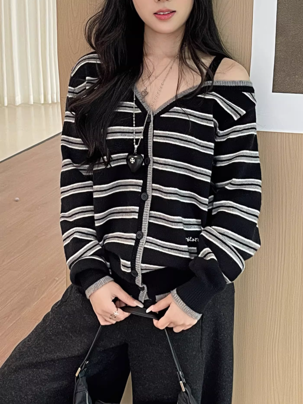 IVE Wonyoung Inspired One Off Shoulder Srtipe Cardigan
