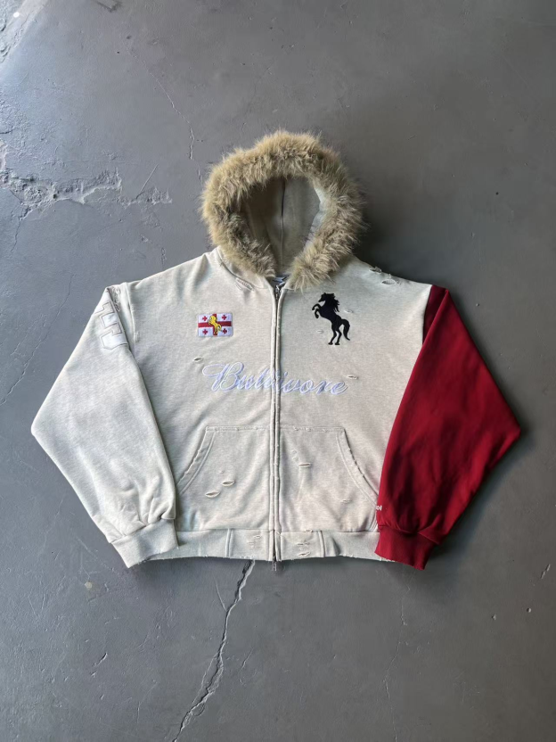 Aespa Ningning Inspired Fur Collar Horse Embroidered Zip-Up Hoodie