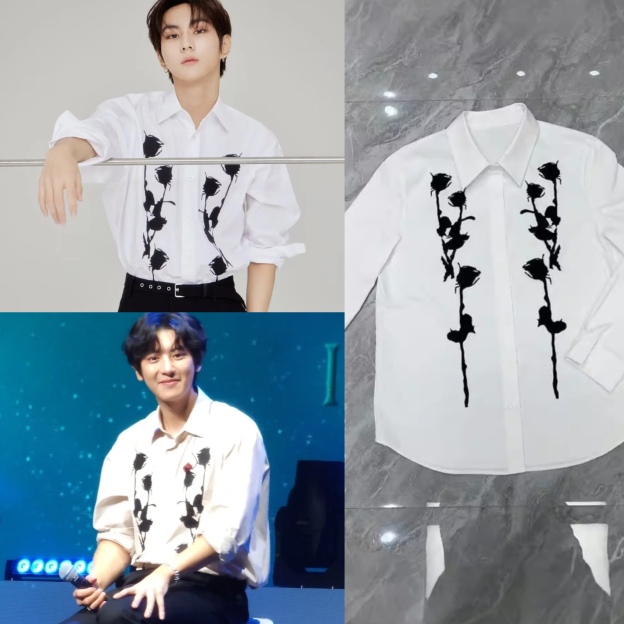 Enhypen Jungwon&Exo Chanyeol inspired White Rose Print Shirt