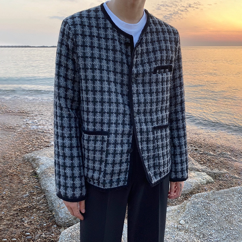ATEEZ Seonghwa Inspired Grey Tweed Plaid Loose Jacket