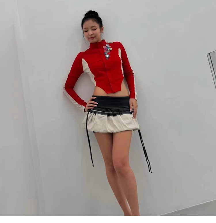 Colorblcoked Zipper Jacket Mini Skirt Set-Blackpink Jennie