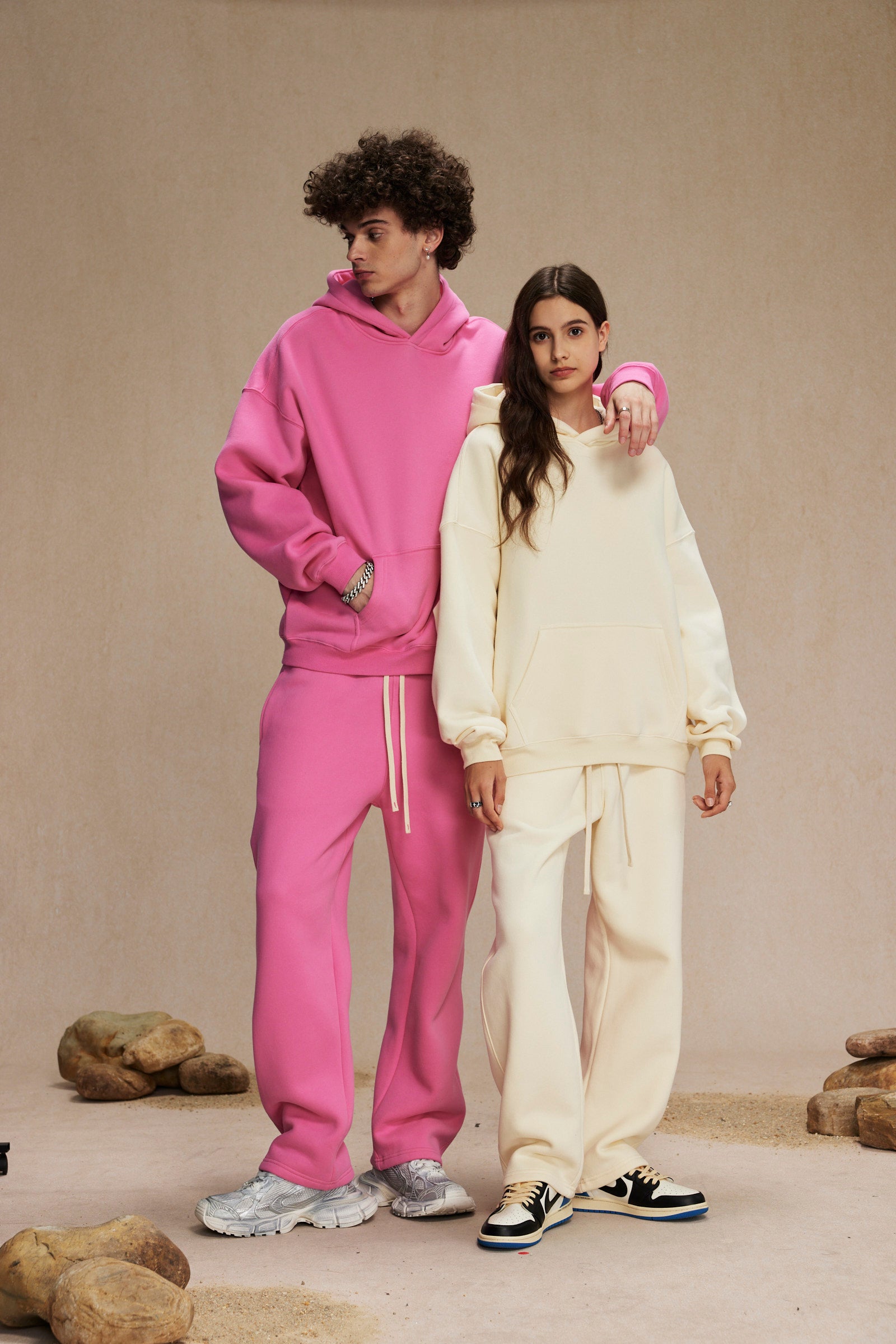 Cream&Pink-Oversized hoodie sets