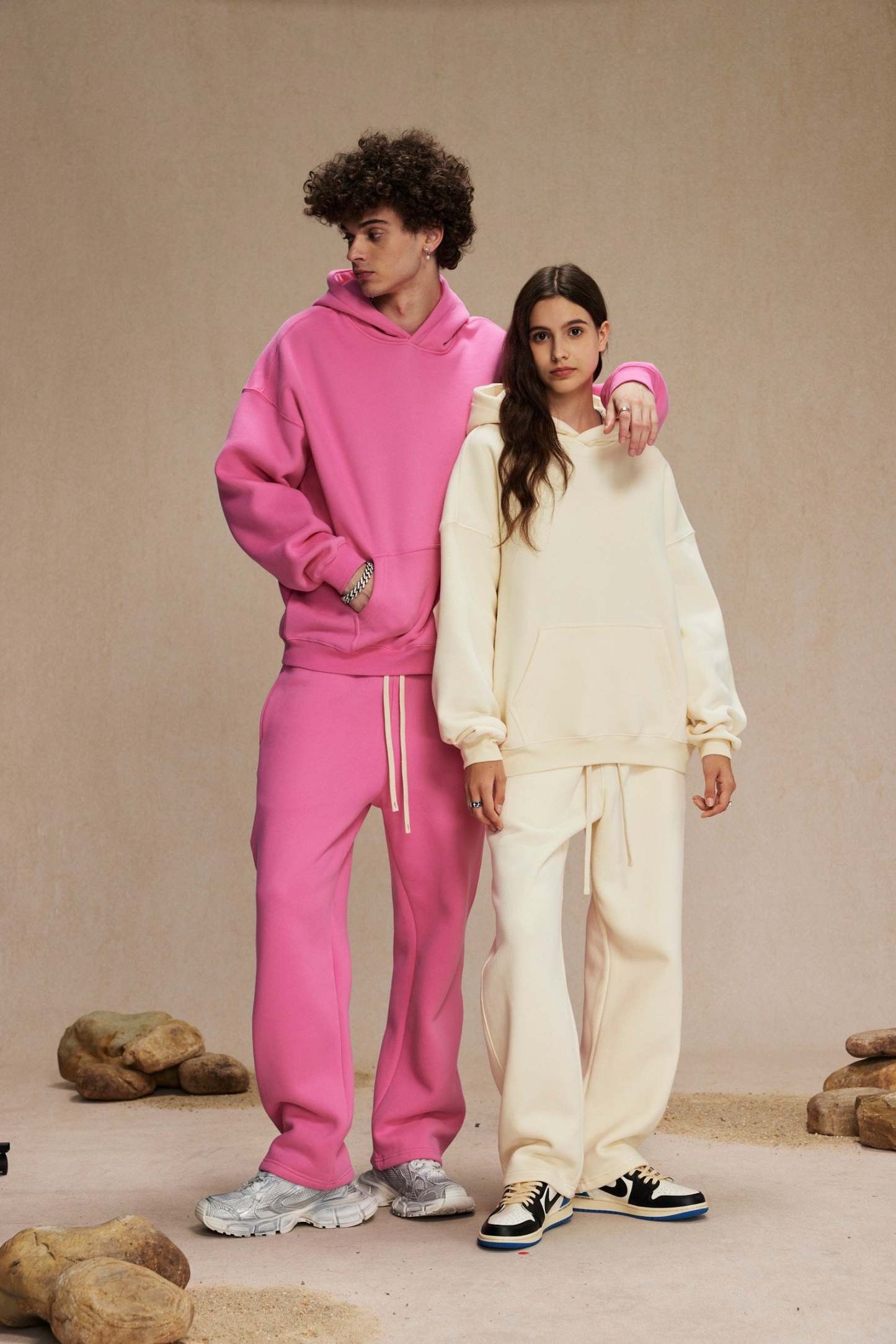 Cream Pink-Oversized hoodie sets