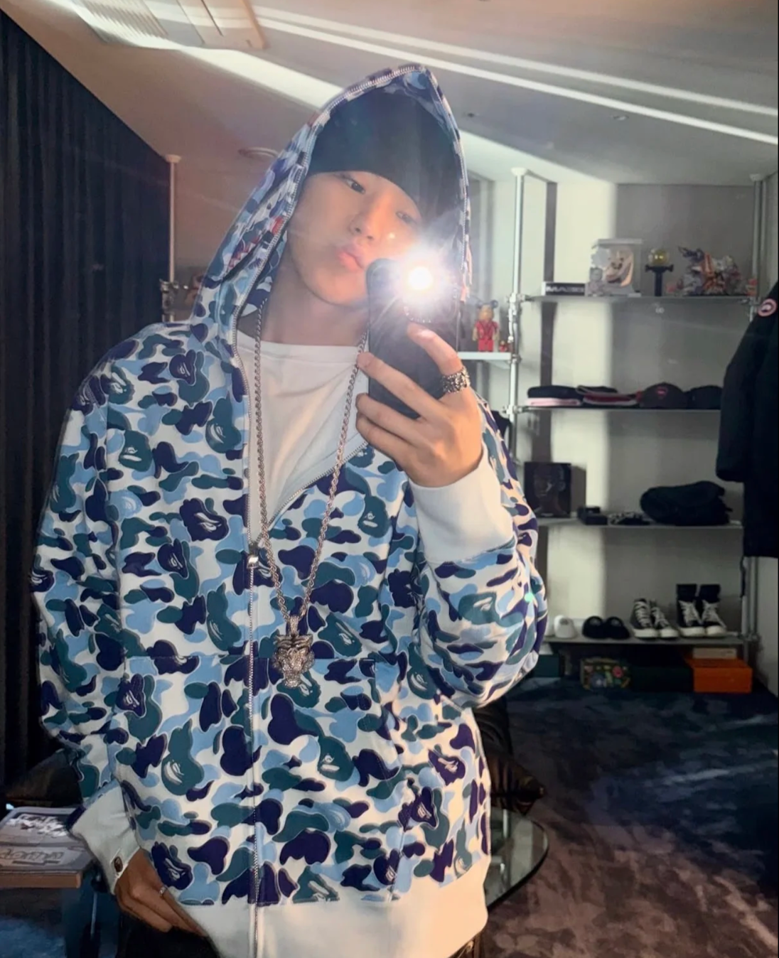 Seventeen Hoshi Inspired BAPE Blue Camo Shark Full Zip Hoodie 