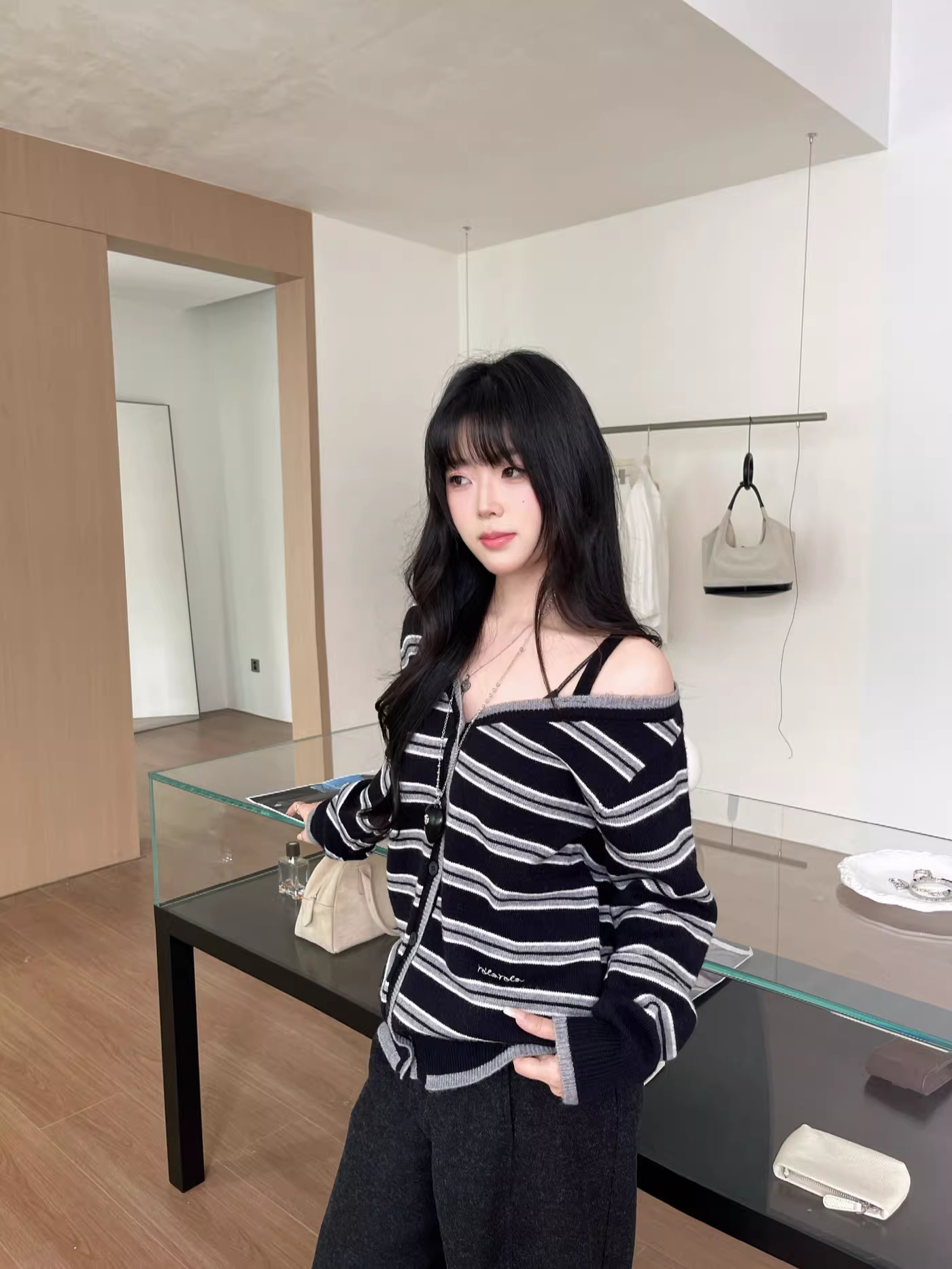 IVE Wonyoung Inspired One Off Shoulder Srtipe Cardigan