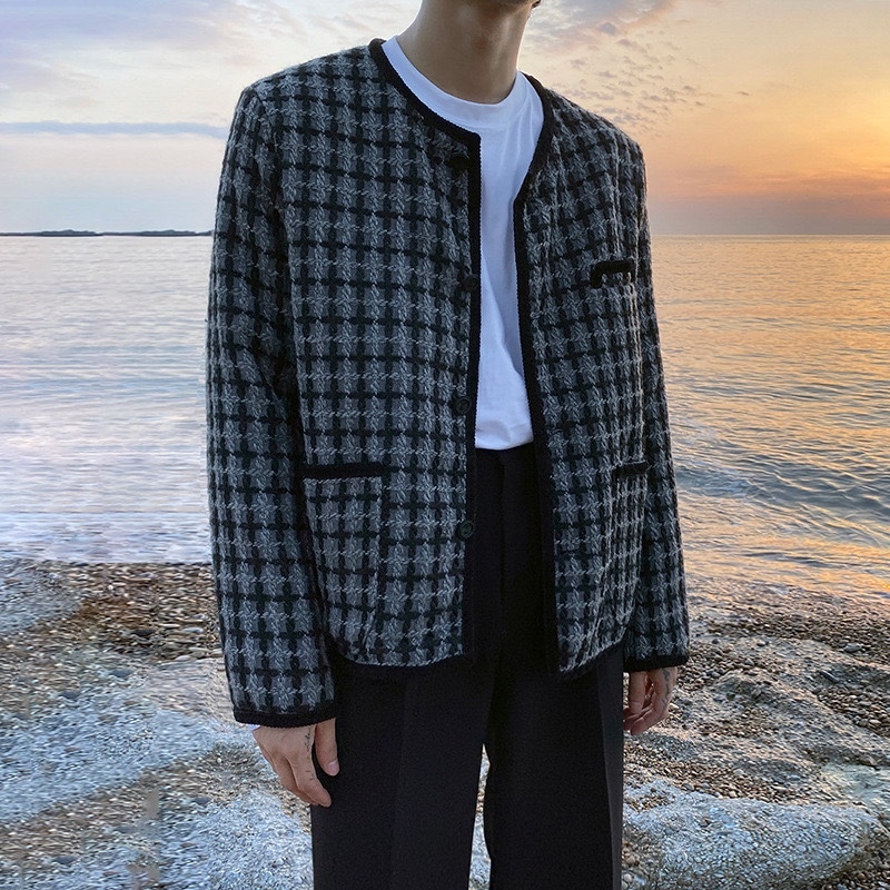 ATEEZ Seonghwa Inspired Grey Tweed Plaid Loose Jacket