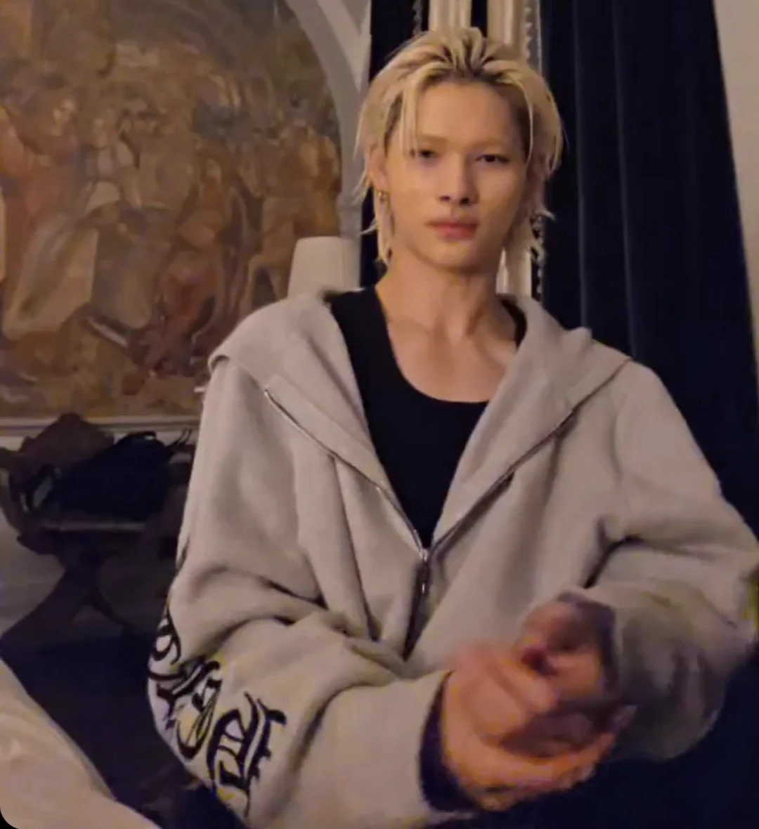 ENHYPEN Niki Inspired Grey Character Print Zip-Up Hoodie