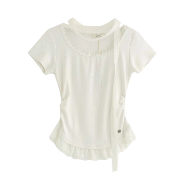 Gidle Shuhua Lace Edged Ruffled Ribbon Top