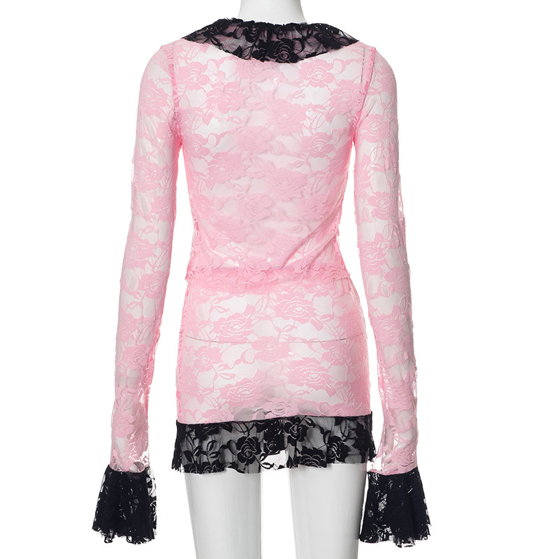Lace Patchwork Long Sleeve Short Dress Set-Outfitidea For BlinksBLACKPINK-Inspired Fashion