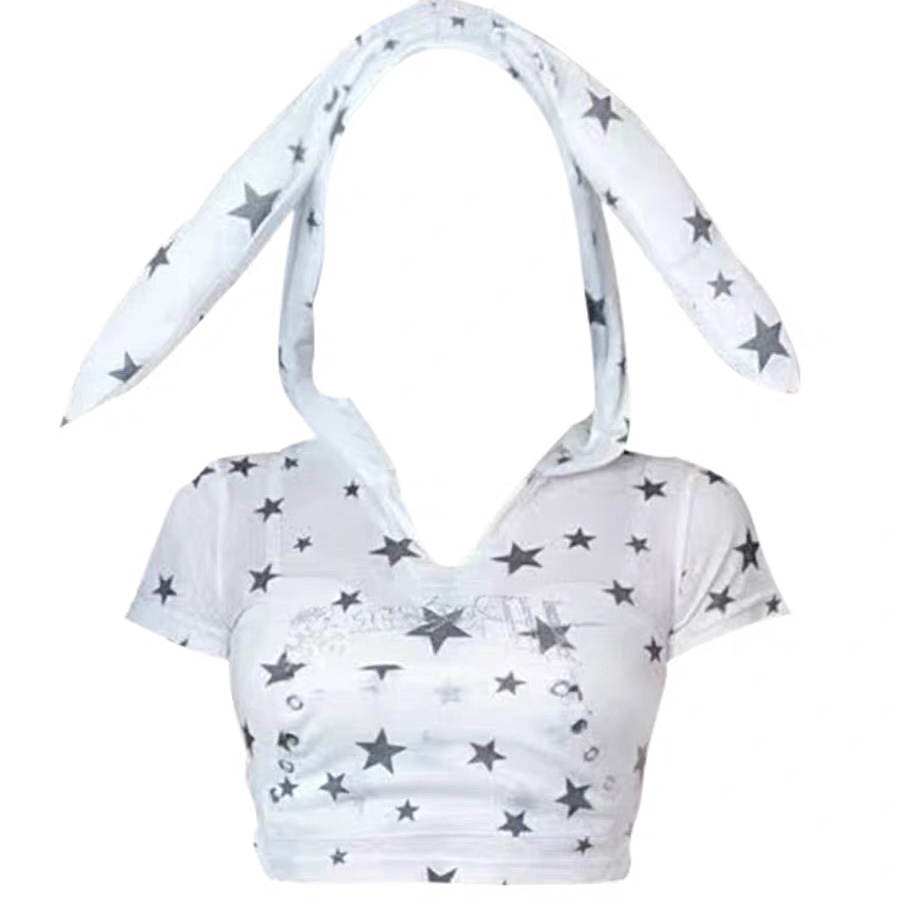 Y2K Bunny Ears Hooded Short Sleeve Top-Yuqi Gidle
